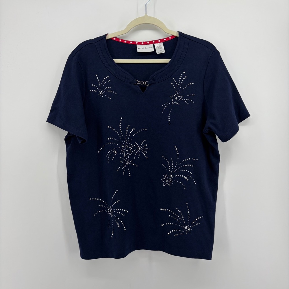 Alfred Dunner Womens Large Navy Blue Short Sleeve Firework Rhinestone Top
